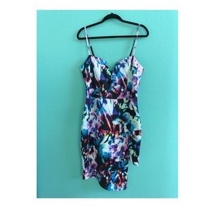 BEBE floral rainbow bodycon club dress